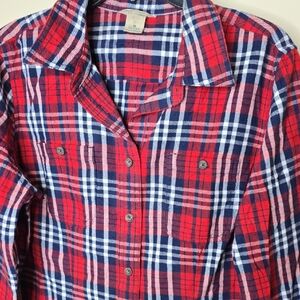Duluth Trading Co Red and Blue Plaid Shirt Buttondown Long Sleeve